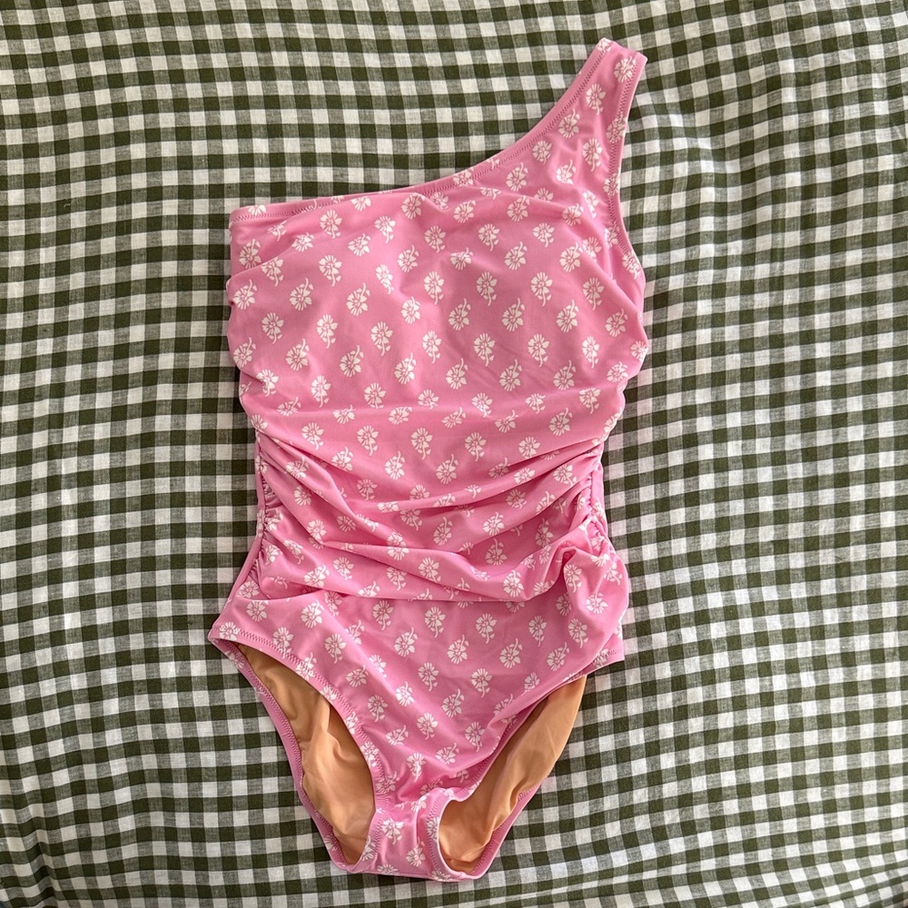 NWT J Crew Pink Printed ruched one-shoulder swimsuit